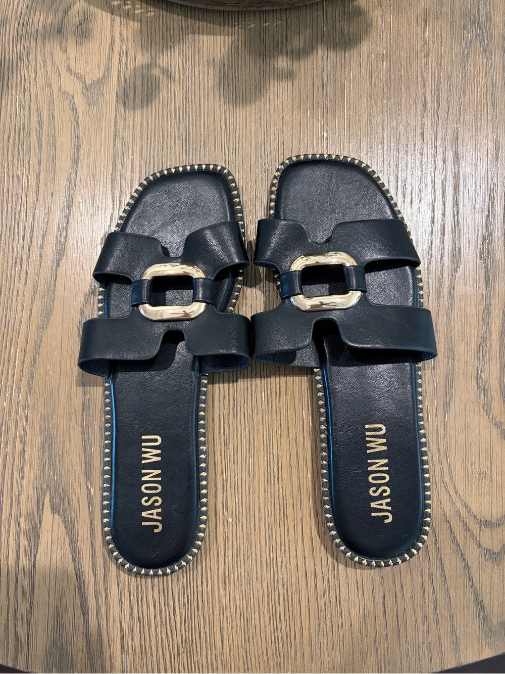Jason Wu Black Leather Slide Sandals with Gold Buckle Accent